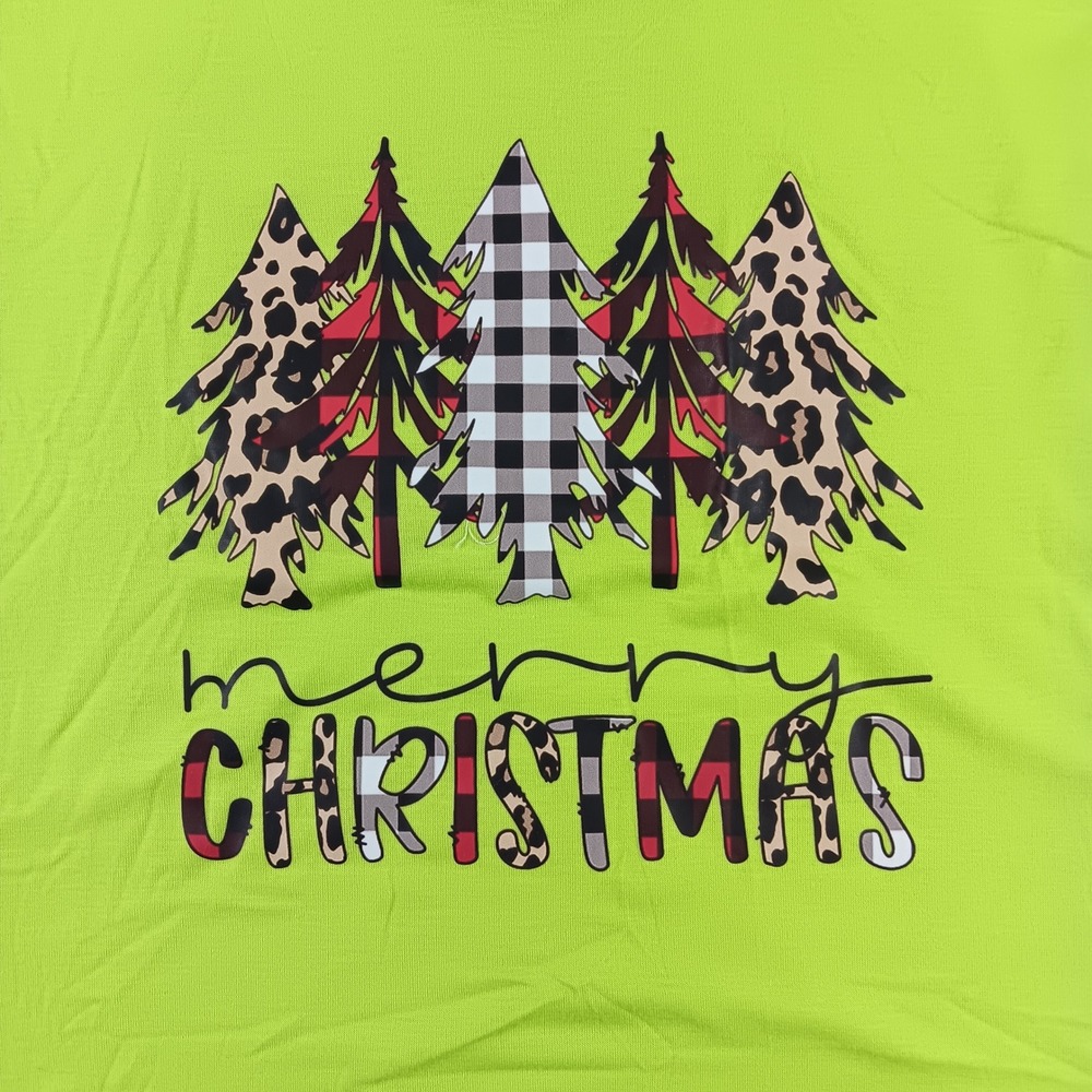 Merry Christmas Cold Shoulder Top Lime Green Plaid Leopard Tree Graphic Large